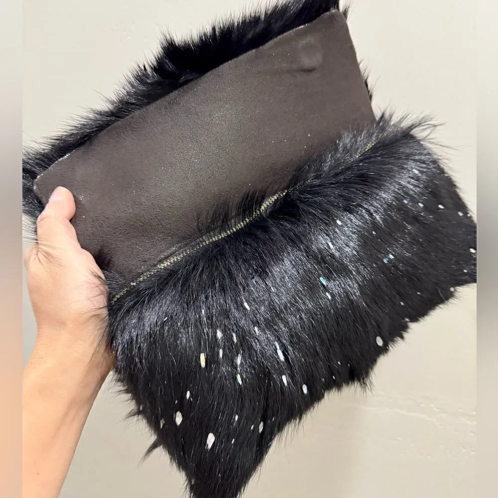 Black Real Goat Hair-on Hide Handmade Baguette Bag, 2 Straps Style